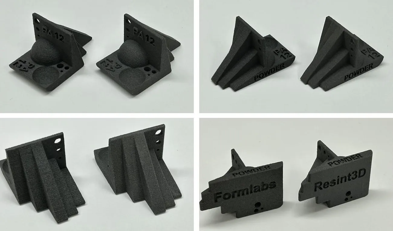 Four pairs of black test parts printed in Formlabs Nylon 12 and Resint3D Nylon 12, visually alike